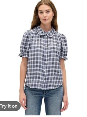 NWT GAP Blue and White Plaid Short-Sleeve Button-Up XL